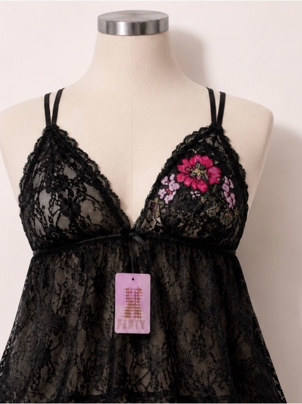 Savage X Fenty Black Lace Chemise with Pink Floral Embroidery 3x WITH panties
